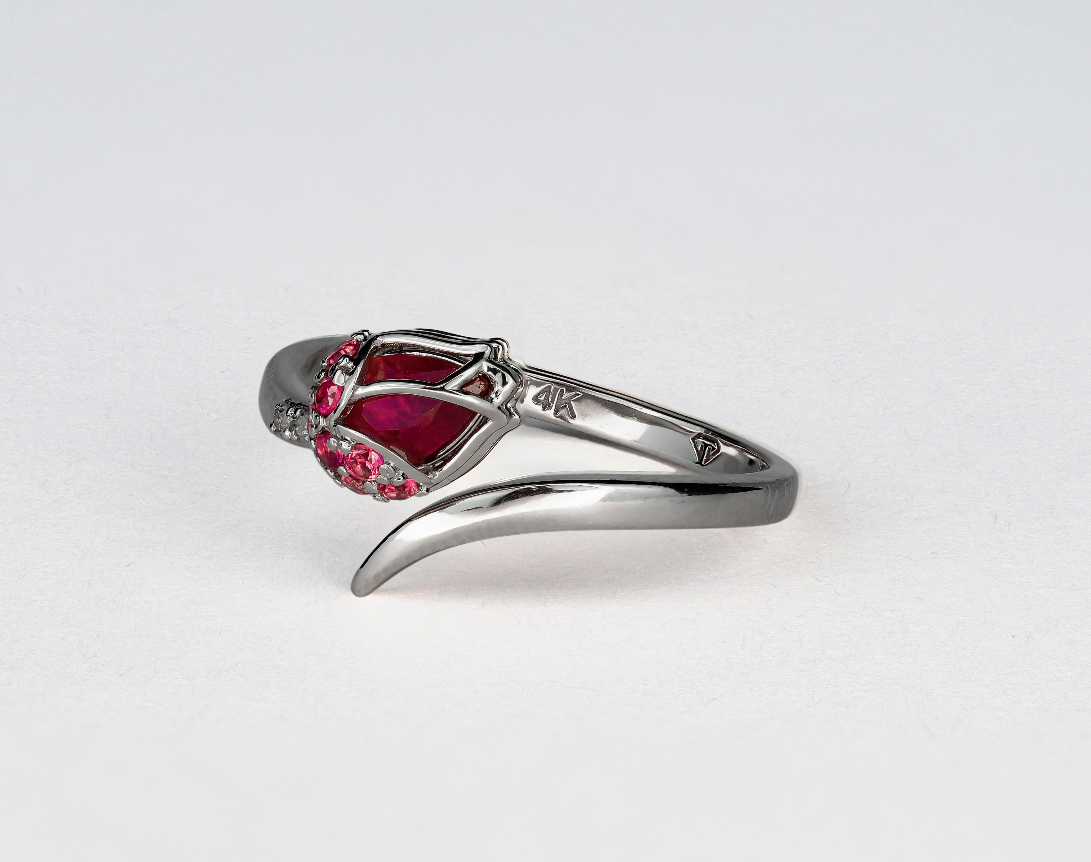 For Sale:  14 karat Gold Ring with Ruby. Gold tulip ring. July birthstone ruby ring 5