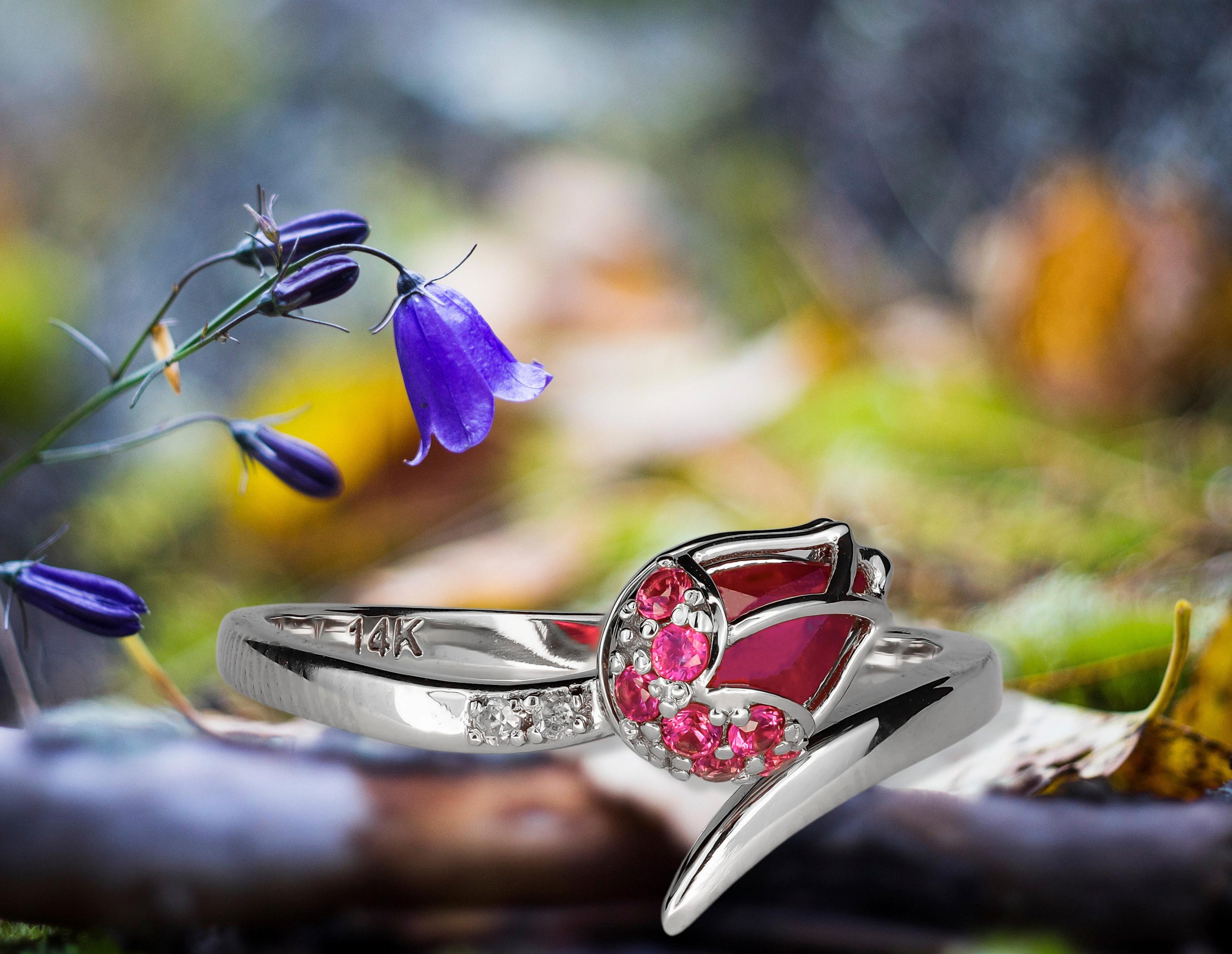 For Sale:  14 karat Gold Ring with Ruby. Gold tulip ring. July birthstone ruby ring 9