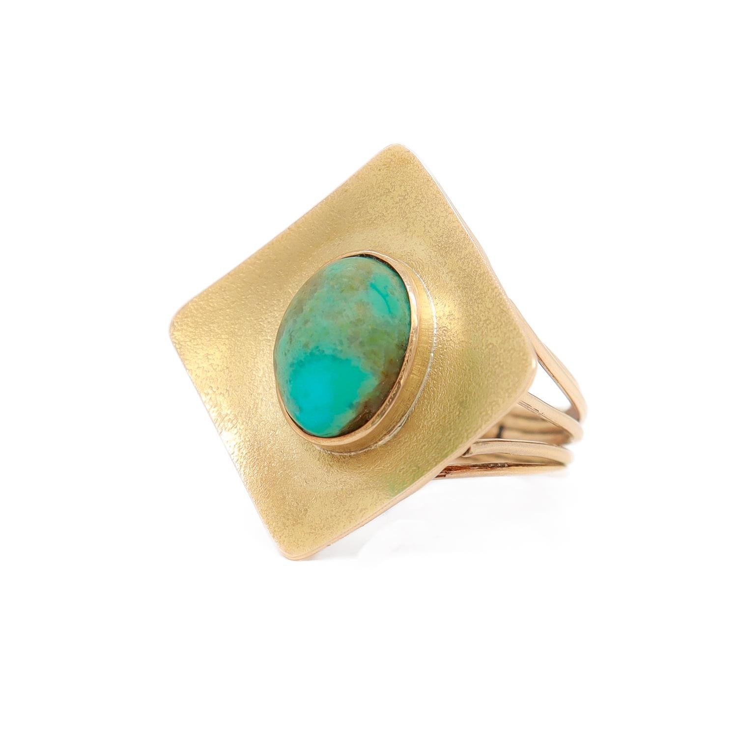 Women's 14k Gold & Turquoise Cabochon Mid-Century Modern Cocktail Ring For Sale