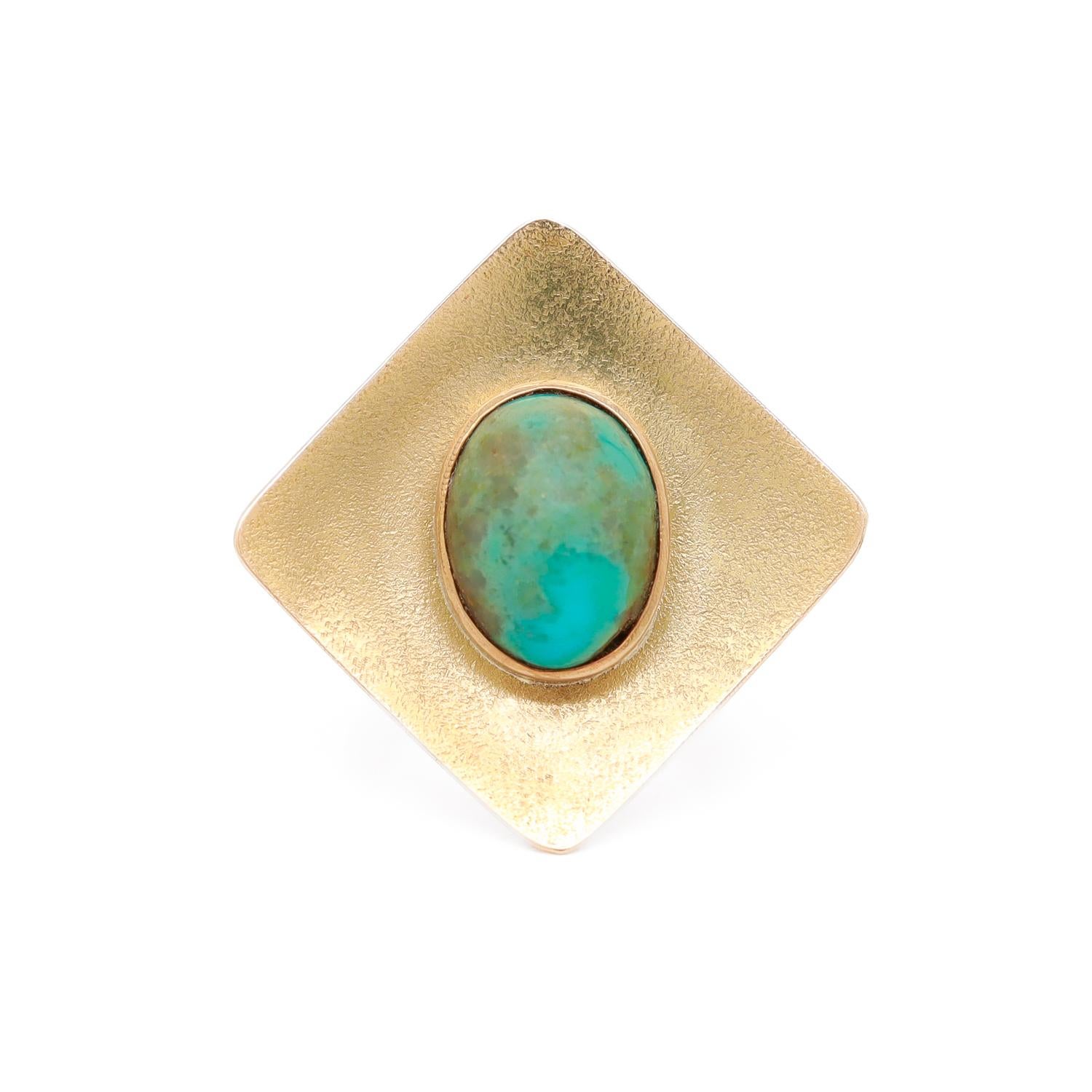 14k Gold & Turquoise Cabochon Mid-Century Modern Cocktail Ring For Sale 1