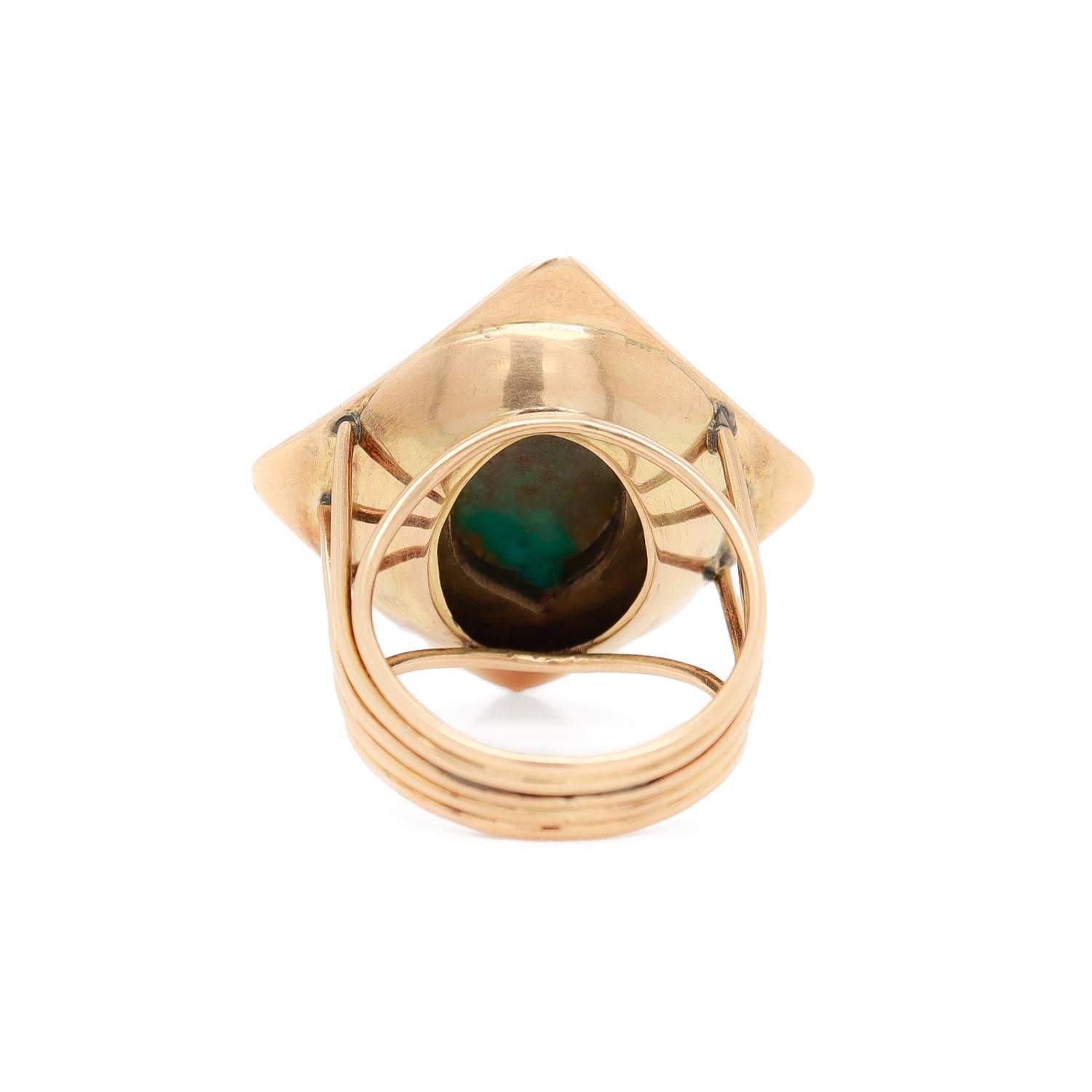 14k Gold & Turquoise Cabochon Mid-Century Modern Cocktail Ring For Sale 4