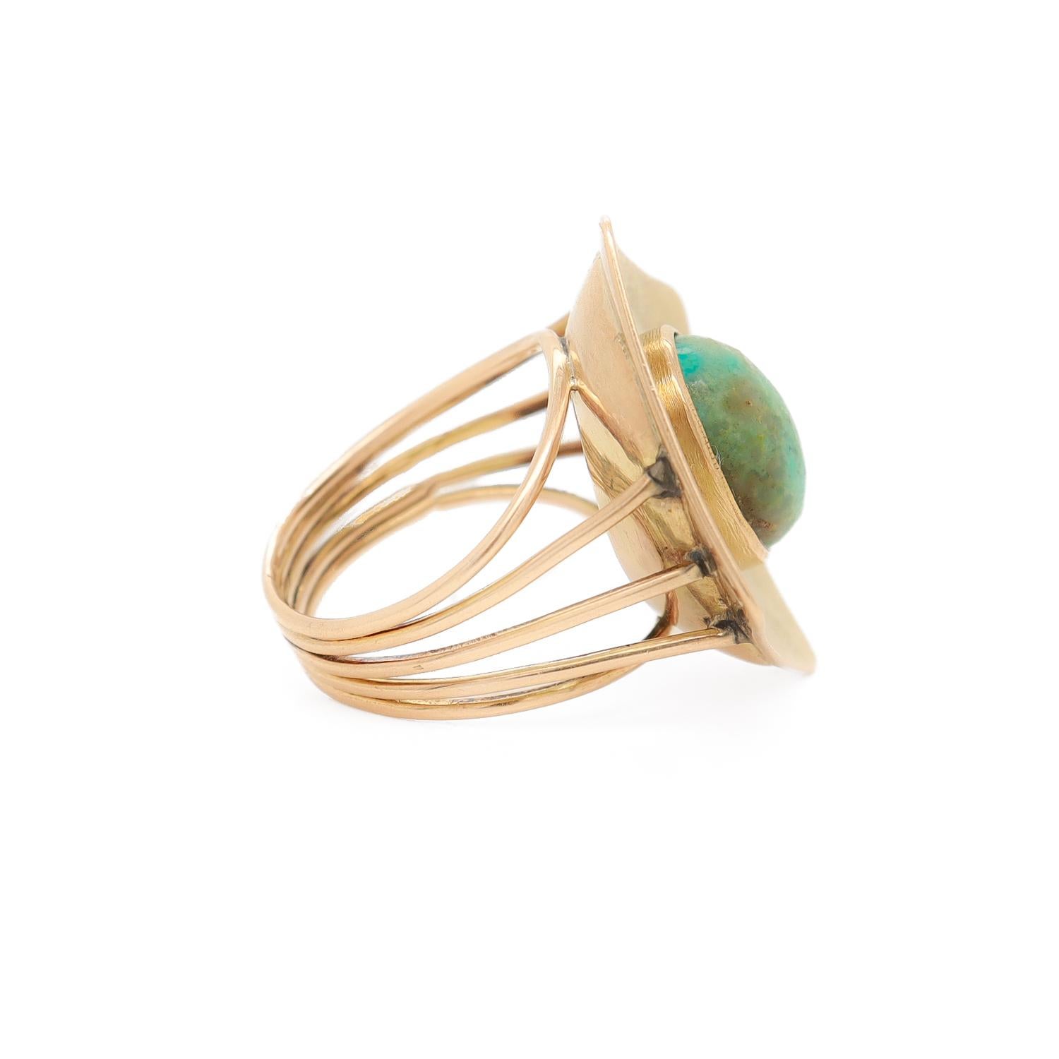 14k Gold & Turquoise Cabochon Mid-Century Modern Cocktail Ring For Sale 5