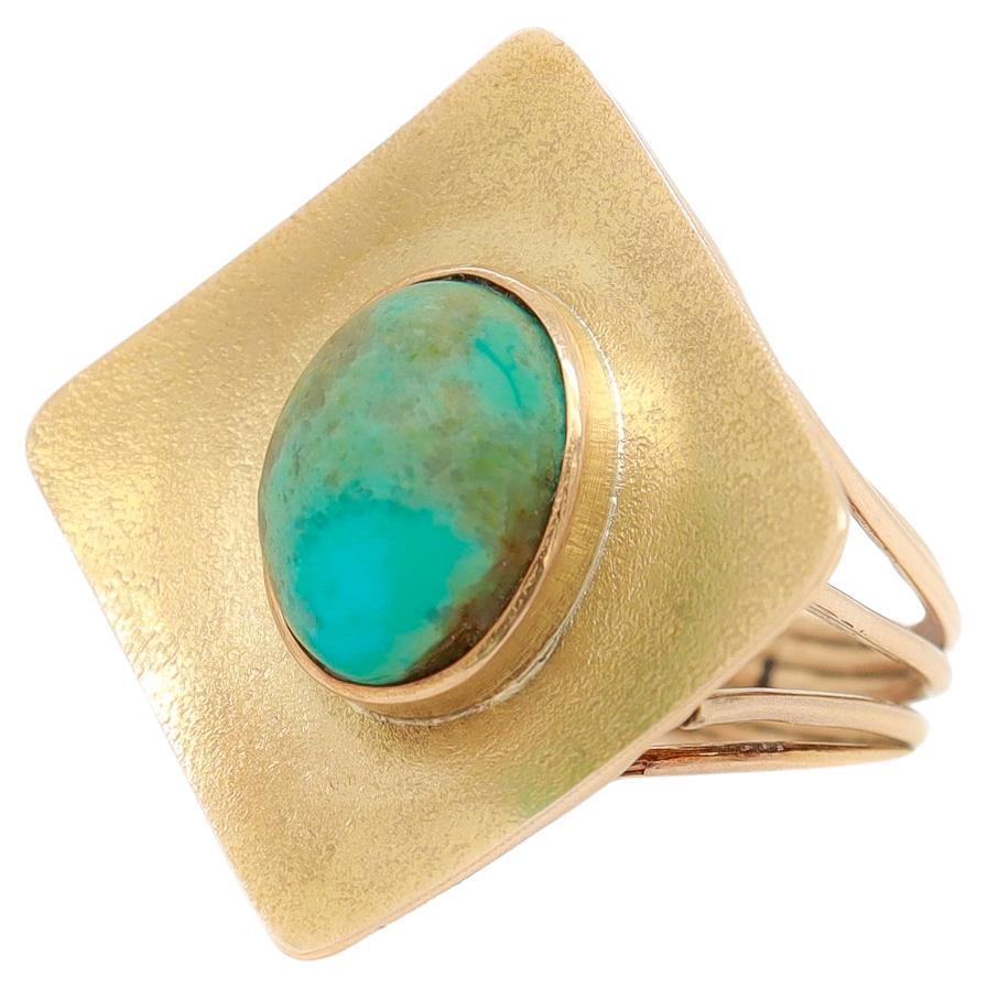 14k Gold & Turquoise Cabochon Mid-Century Modern Cocktail Ring