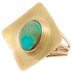 14k Gold & Turquoise Cabochon Mid-Century Modern Cocktail Ring