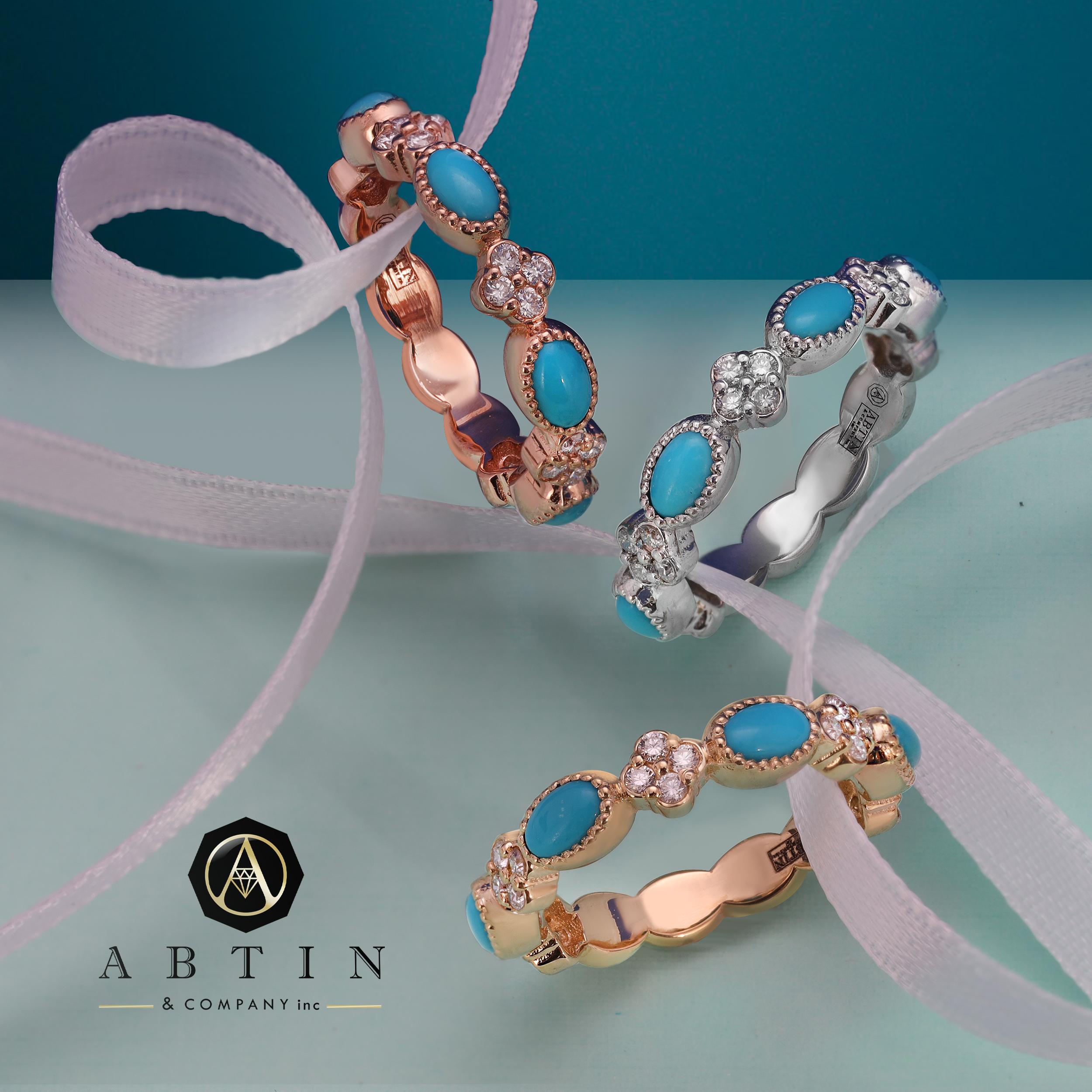 The Most Prominent Piece of Fashion: Crafted in 14K gold, this stunning ring features a turquoise stone surrounded by round-cut diamonds set in the shape of a flower circling three-quarters. This band is the ideal present to honor years of wedded
