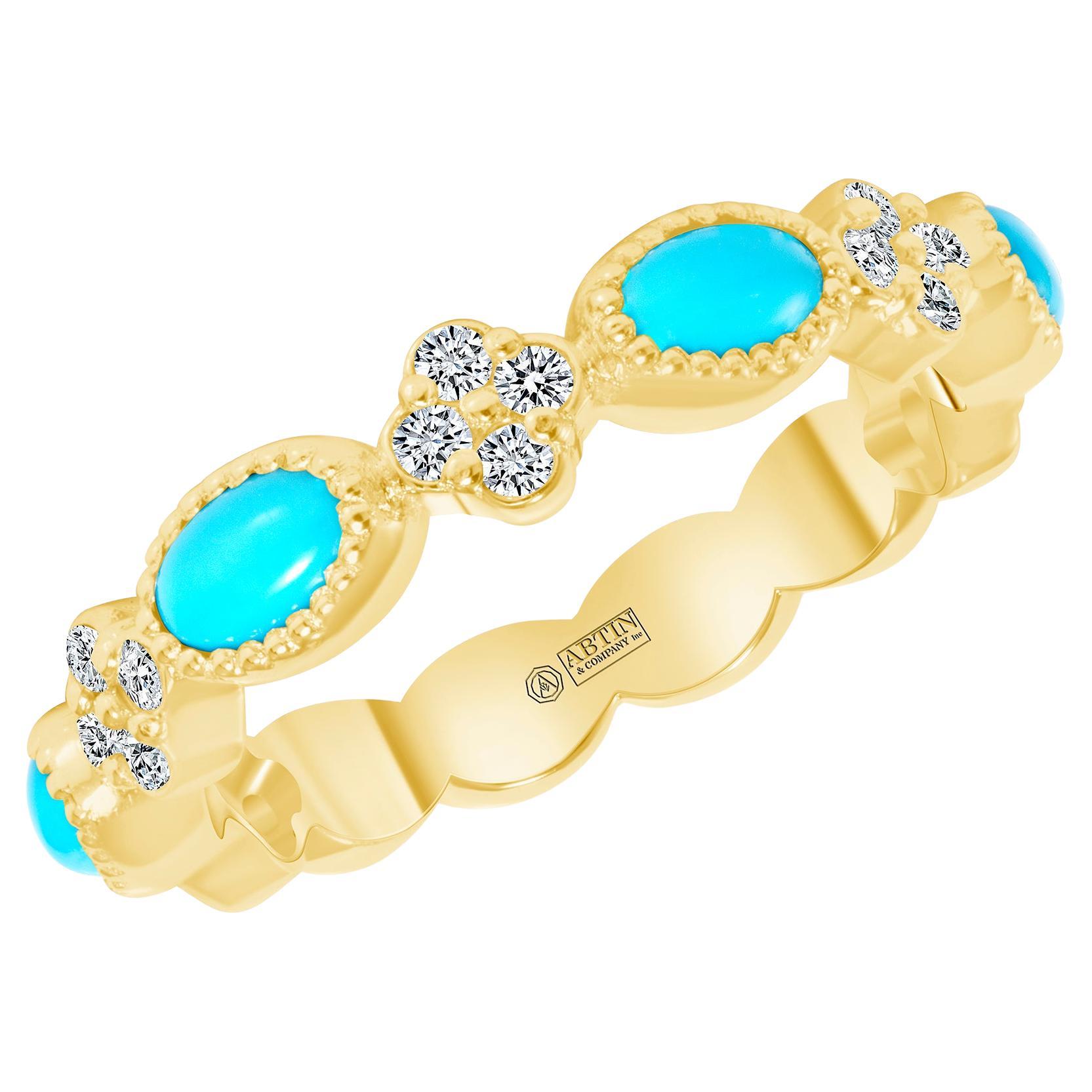 14K Gold Turquoise & Diamond Contemporary Modern Stackable Band Ring