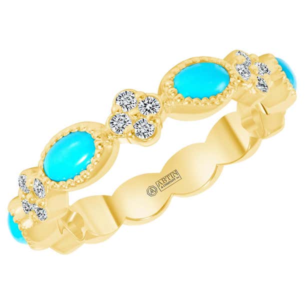14K Gold Turquoise and Diamond Contemporary Modern Stackable Band Ring ...