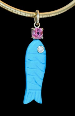 14K Gold Turquoise Fish Pendant with Diamond and Pink Tourmaline