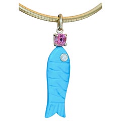 14K Gold Turquoise Fish Pendant with Diamond and Pink Tourmaline