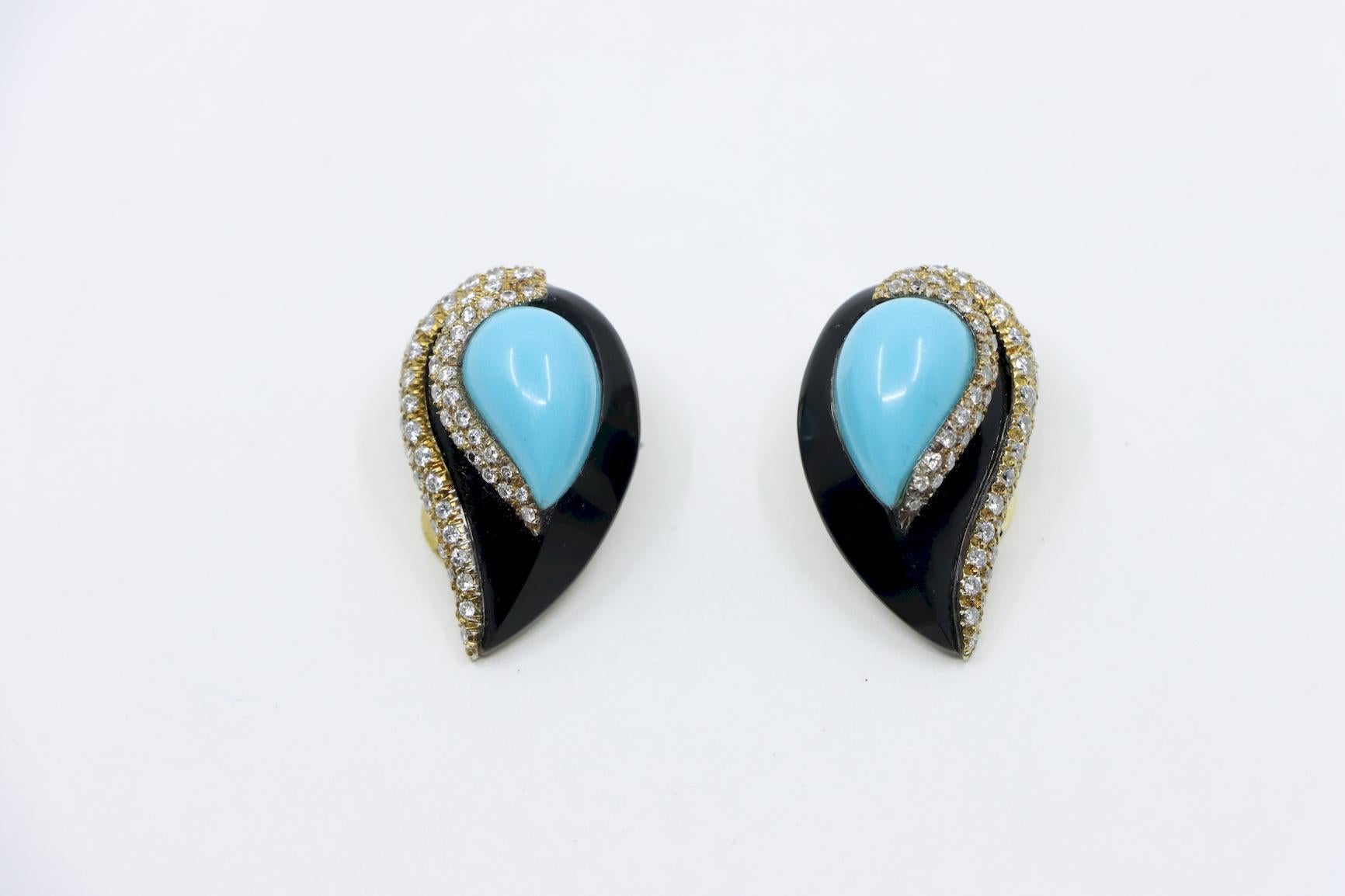 14K Gold Turquoise Onyx Diamond Earrings For Sale 5