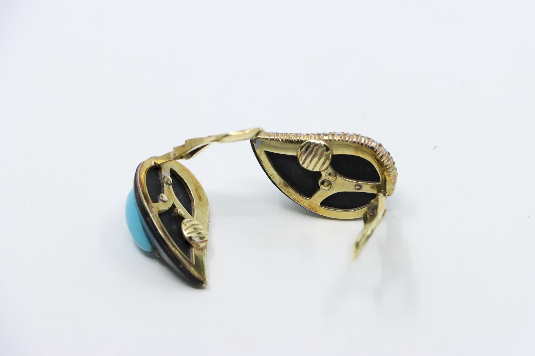 14K Gold Turquoise Onyx Diamond Earrings For Sale 7
