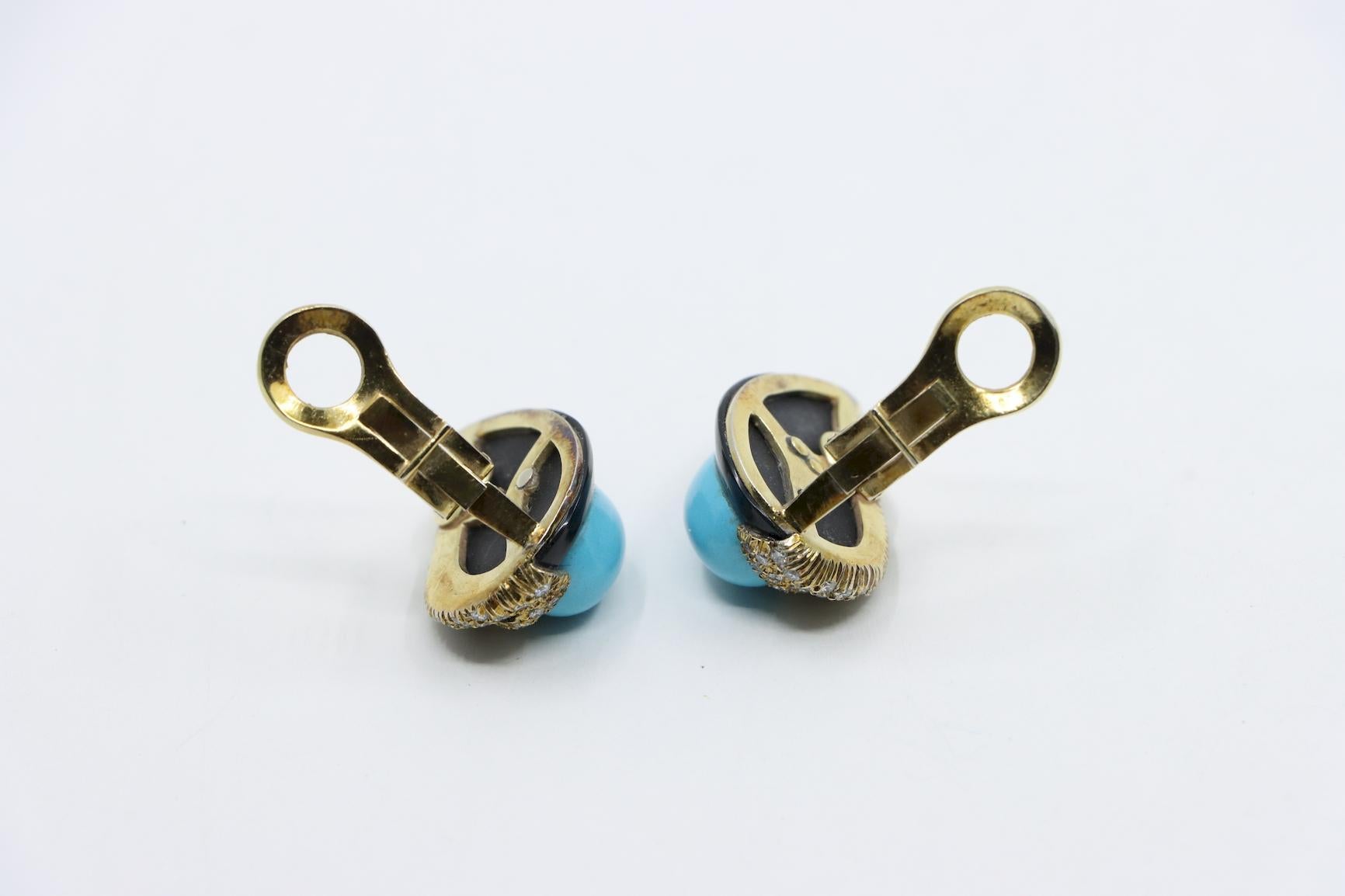 14K Gold Turquoise Onyx Diamond Earrings For Sale 8