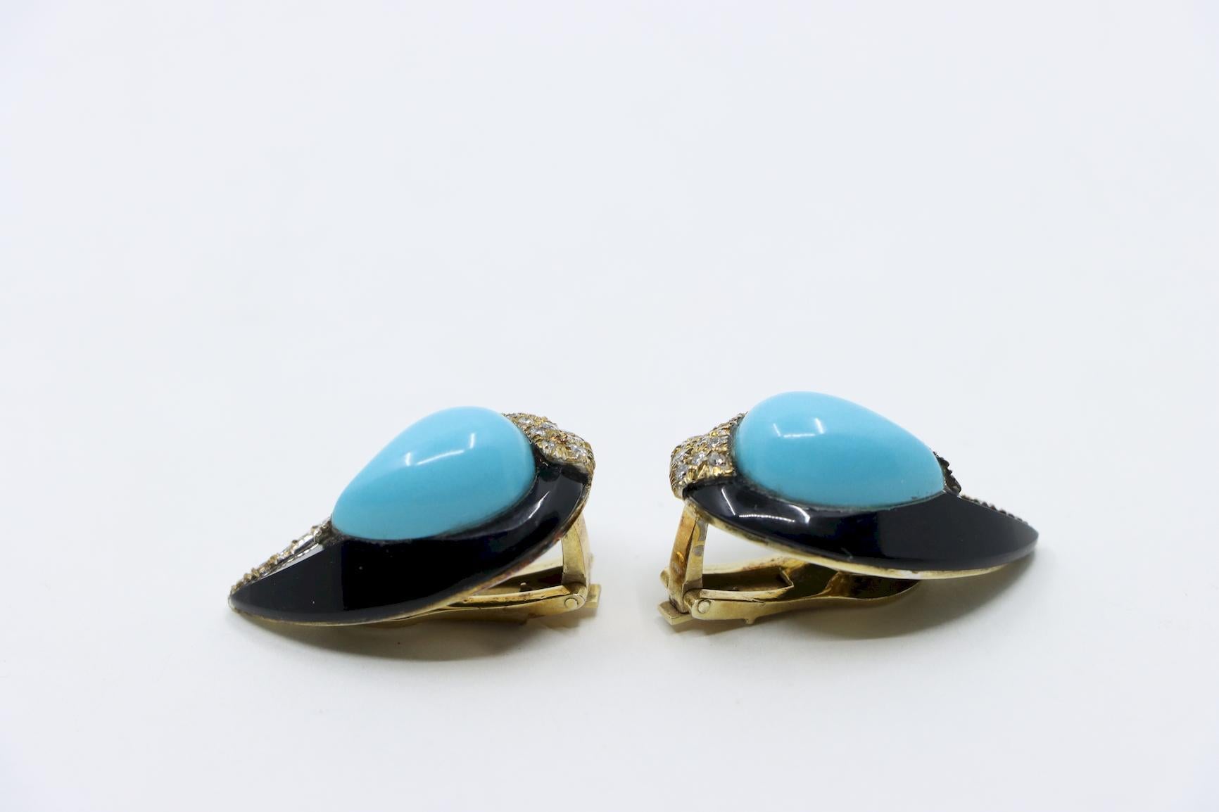 14K Gold Turquoise Onyx Diamond Earrings For Sale 2