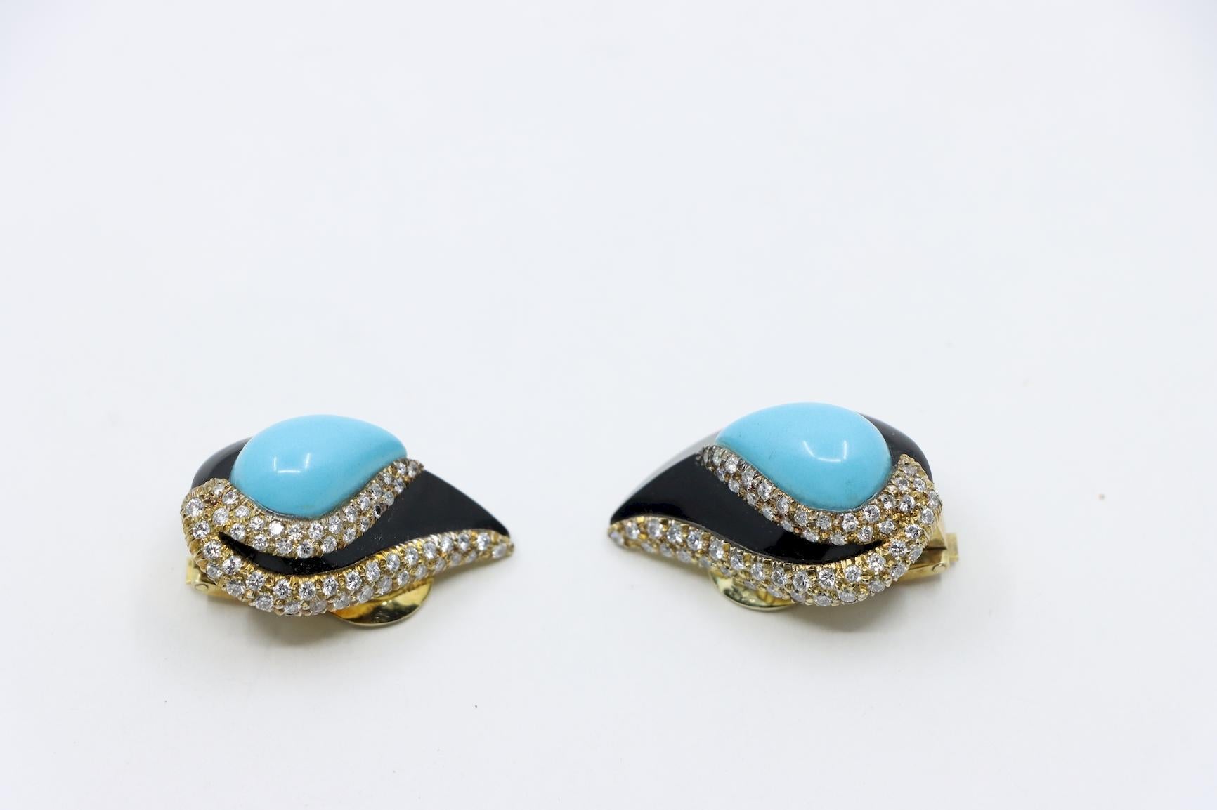 14K Gold Turquoise Onyx Diamond Earrings For Sale 3