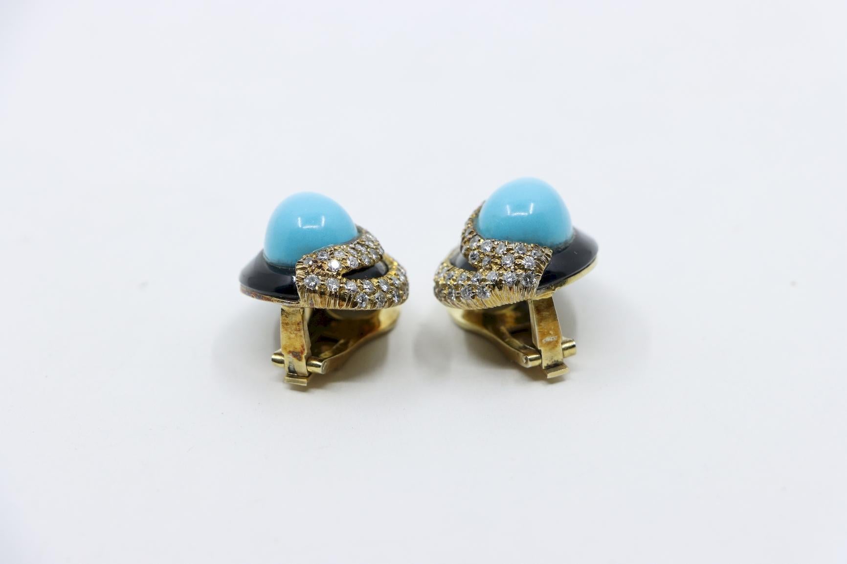 14K Gold Turquoise Onyx Diamond Earrings For Sale 4