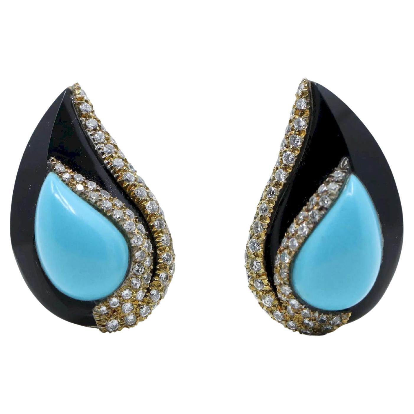 14K Gold Turquoise Onyx Diamond Earrings