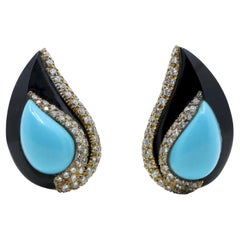 Vintage 14K Gold Turquoise Onyx Diamond Earrings