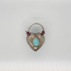 14k Gold, Turquoise, Opal & Garnet Heart Shaped Lock Charm or Pendant