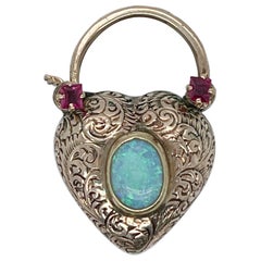 14k Gold, Turquoise, Opal & Garnet Heart Shaped Lock Charm or Pendant