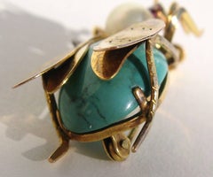 14k Gold Turquoise Pearl & Topaz Fly Insect Brooch