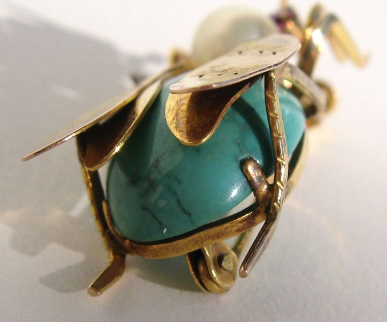 14k Gold Turquoise Pearl and Topaz Fly Insect Brooch For Sale at 1stDibs