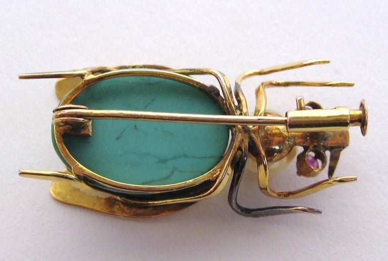 14k Gold Turquoise Pearl and Topaz Fly Insect Brooch For Sale at 1stDibs