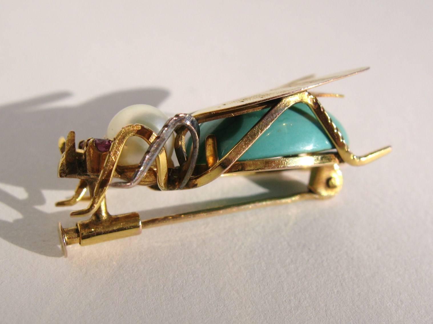 Brilliant Cut 14k Gold Turquoise Pearl & Topaz Fly Insect Brooch For Sale