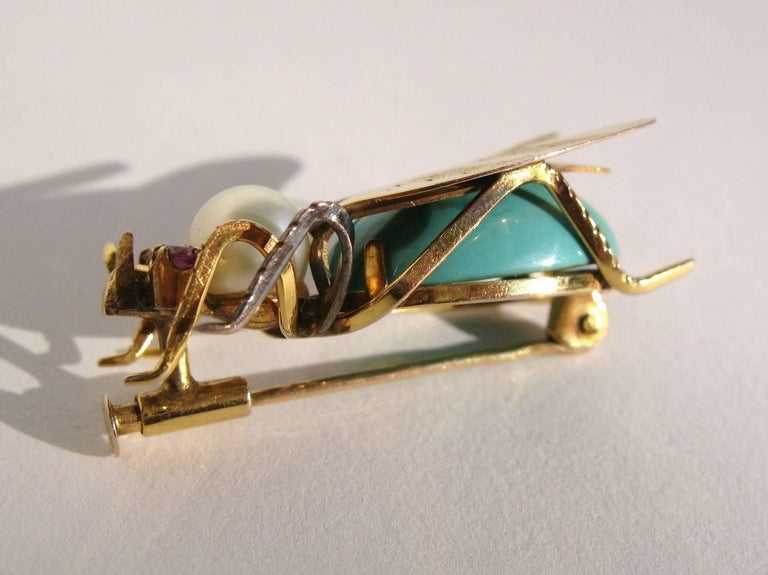 14k Gold Turquoise Pearl and Topaz Fly Insect Brooch For Sale at 1stDibs
