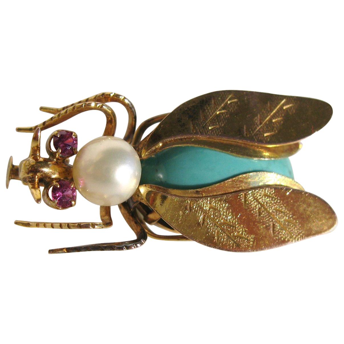 14k Gold Turquoise Pearl & Topaz Fly Insect Brooch For Sale