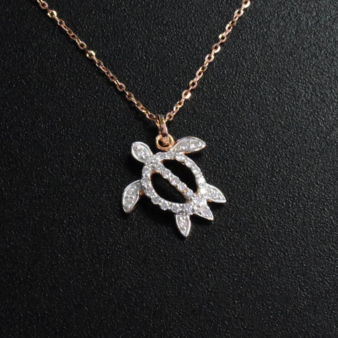 Modern 14k Gold Turtle Charm Necklace Lucky Turtle Diamond Pendant Necklace For Sale
