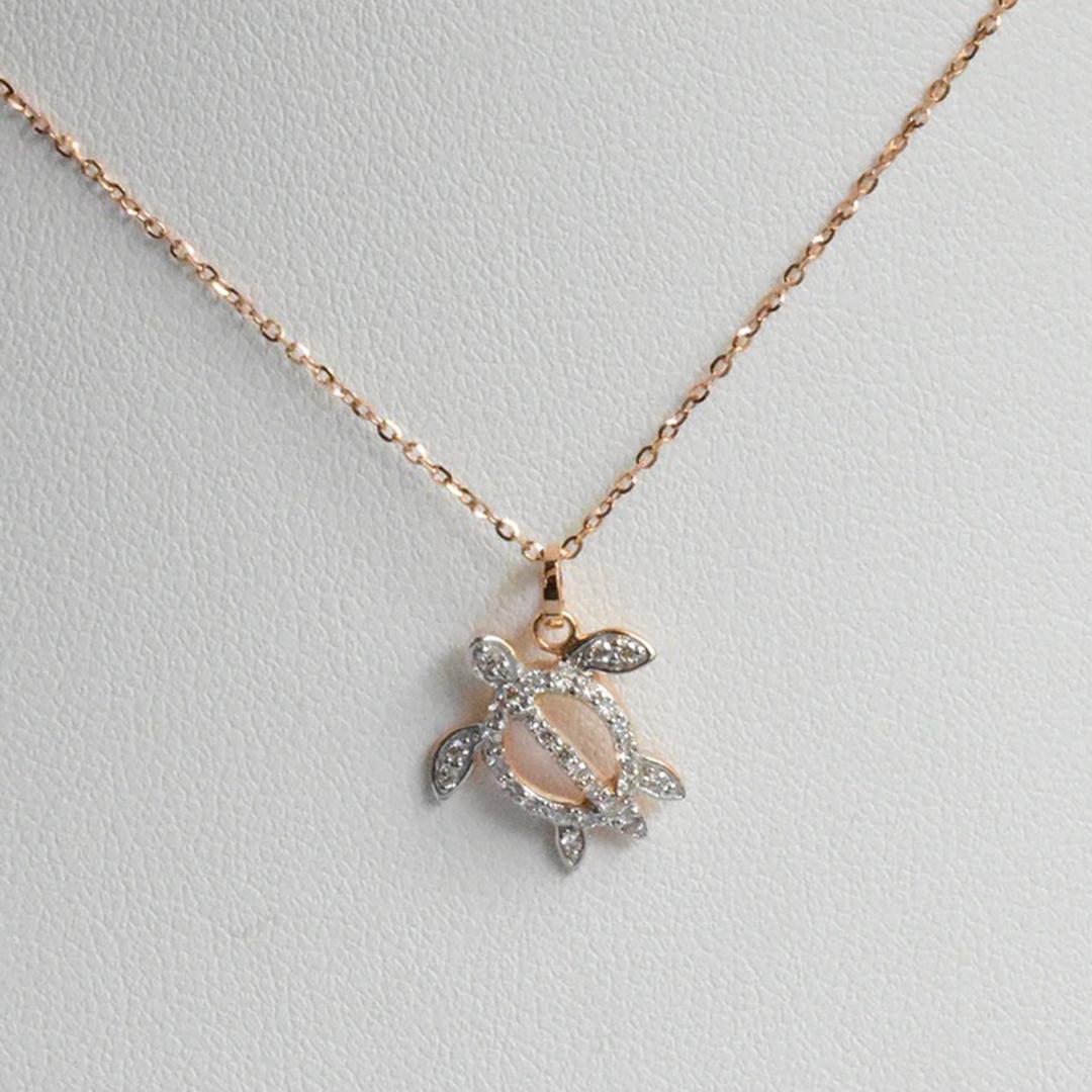 Round Cut 14k Gold Turtle Charm Necklace Lucky Turtle Diamond Pendant Necklace For Sale
