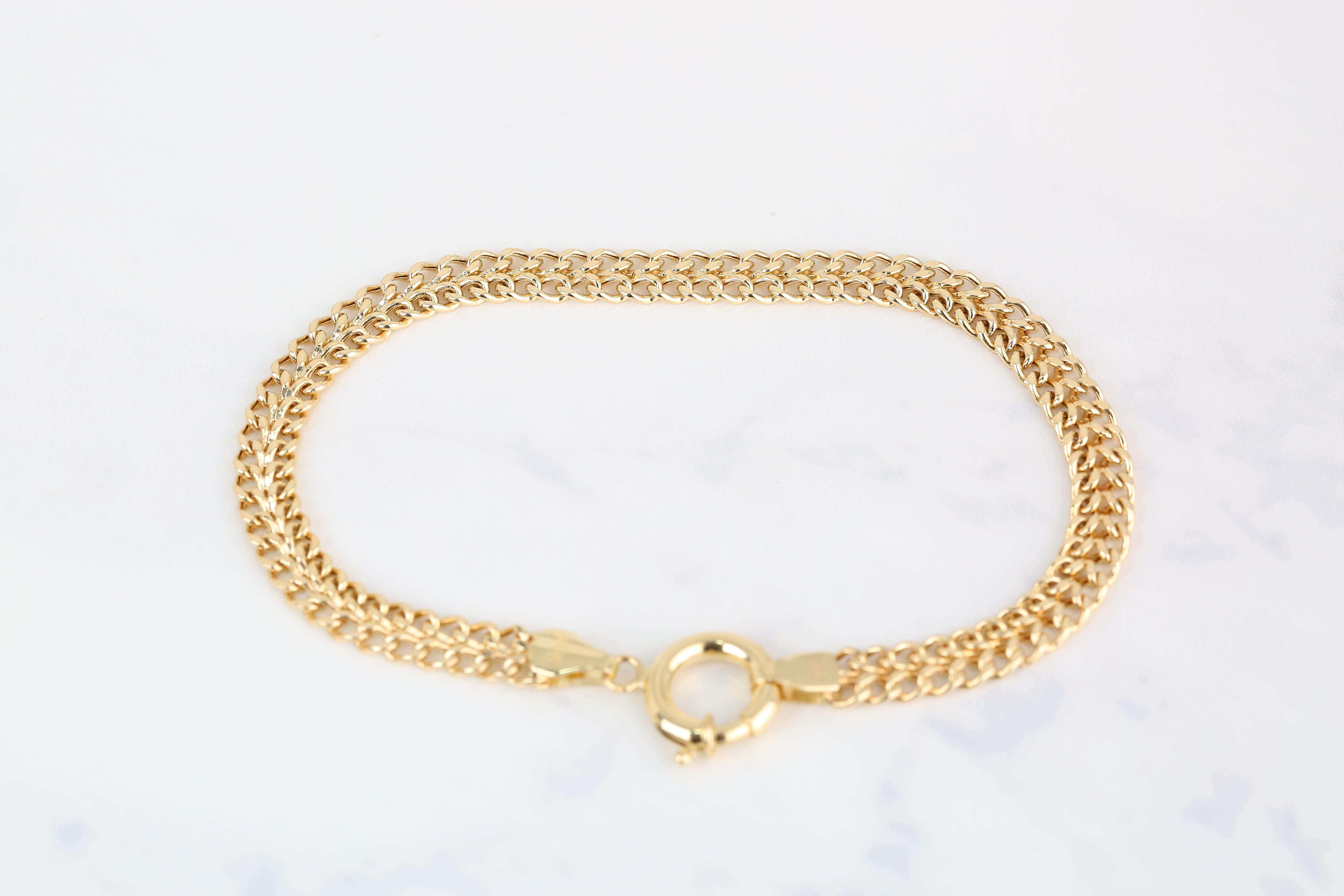 14k Gold Twin Chain Bracelet, Gold Double Chain Dainty Bracelet For Sale 1