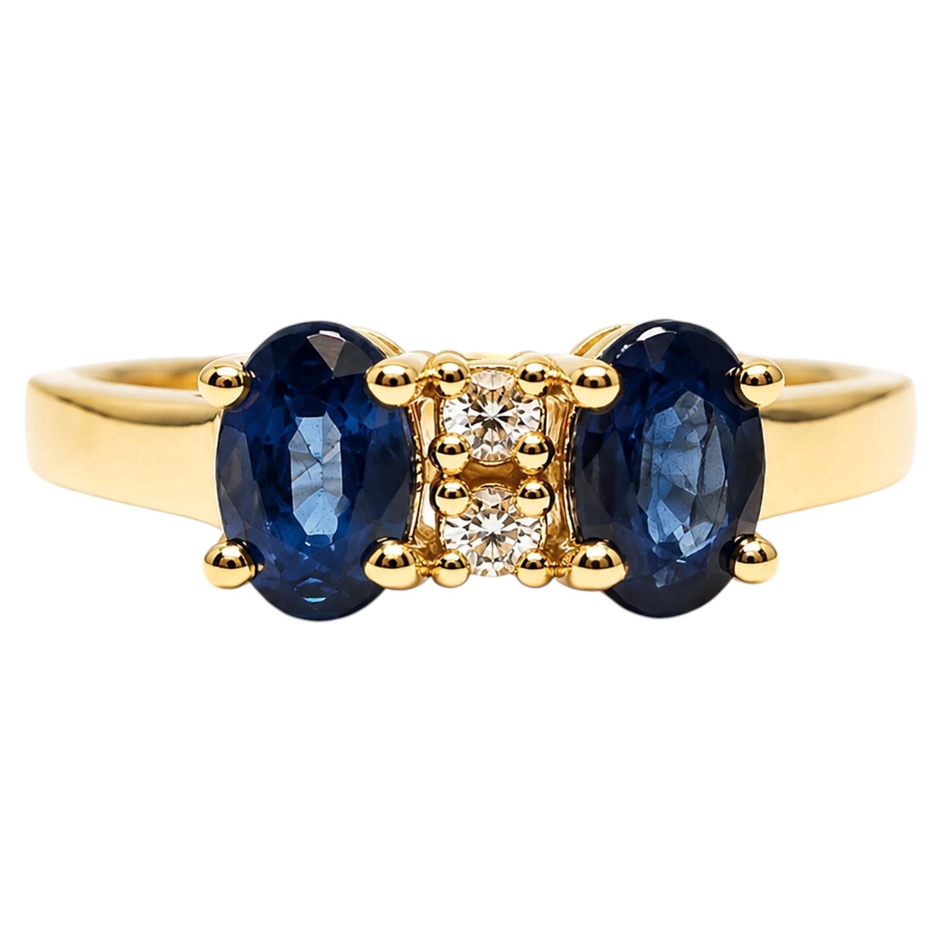 14K Gold Two Stone Natural Blue Sapphire & Diamond Ring 1.10 Carat Sapphire Ring