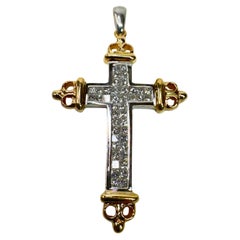 Ciondolo con croce e diamante in oro 14k a due toni