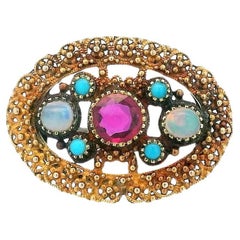 14K Gold Unheated Burma Ruby, Two Opal & Four Turquoise Brooch W/GIA Certificate