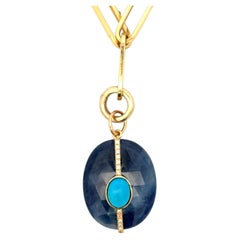 14K Gold Unheated Sapphire Slice, Turquoise & Diamond Paperclip Necklace 10.1 Gr