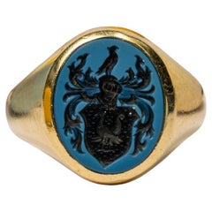14k Gold Unisex Coat of Arms Signet Ring, Heavy Blue Agate Unisex Signet Ring