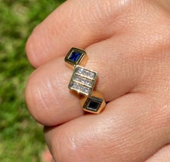 14K Gold Unisex Princess Cut Diamond and Blue Sapphire Cluster Square Block Ring