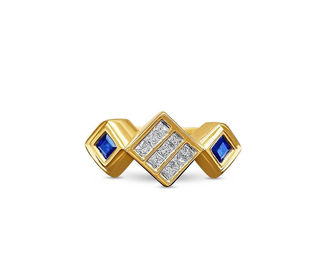 14K Gold Unisex Princess Cut Diamond and Blue Sapphire Cluster Square Block Ring For Sale