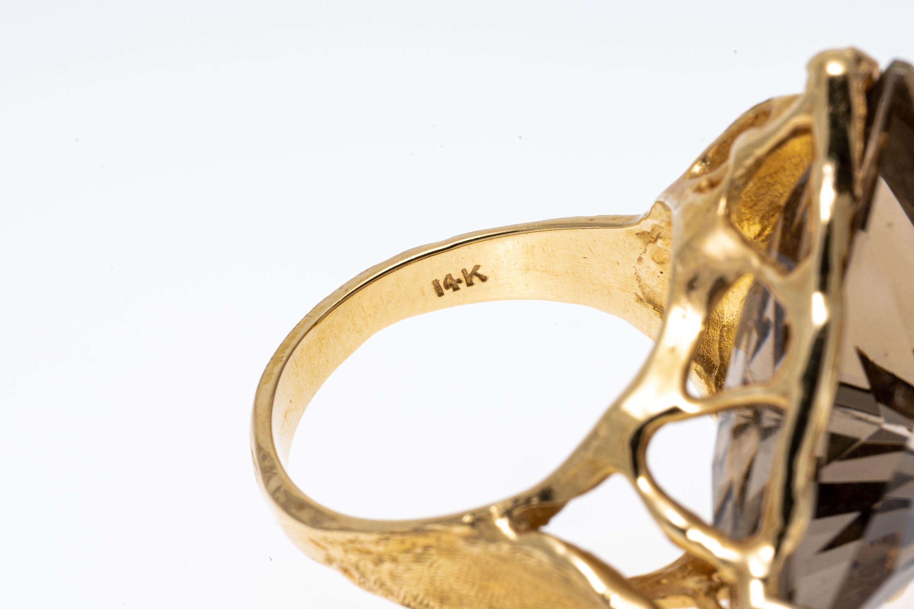 Women's 14k Gold Unusual Large Trillion Smoky Quartz App, 19.36 CTS Foliate Ring  For Sale