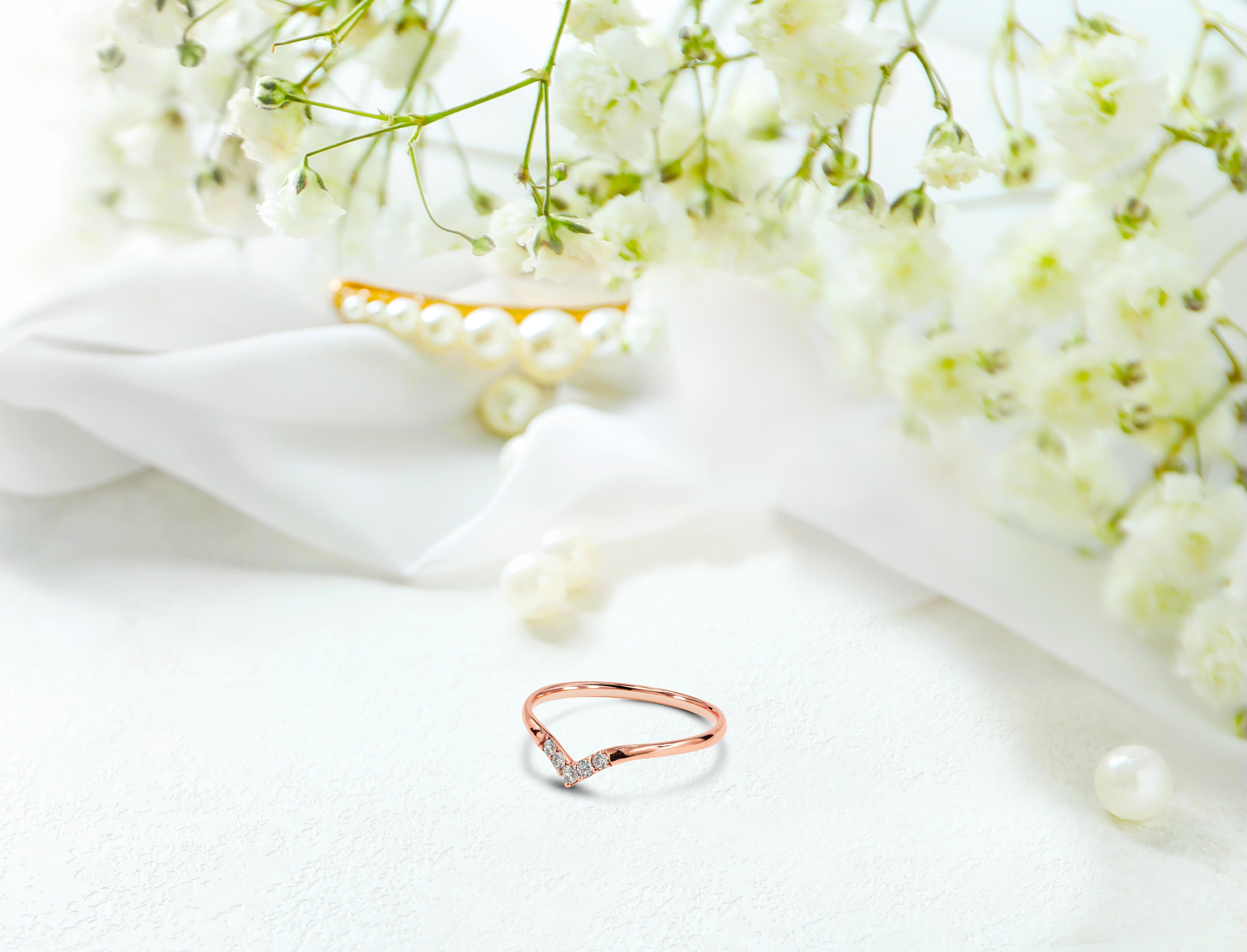 For Sale:  14k Gold V Shape Diamond Ring Diamond Chevron Ring Dainty Bridal Ring 14