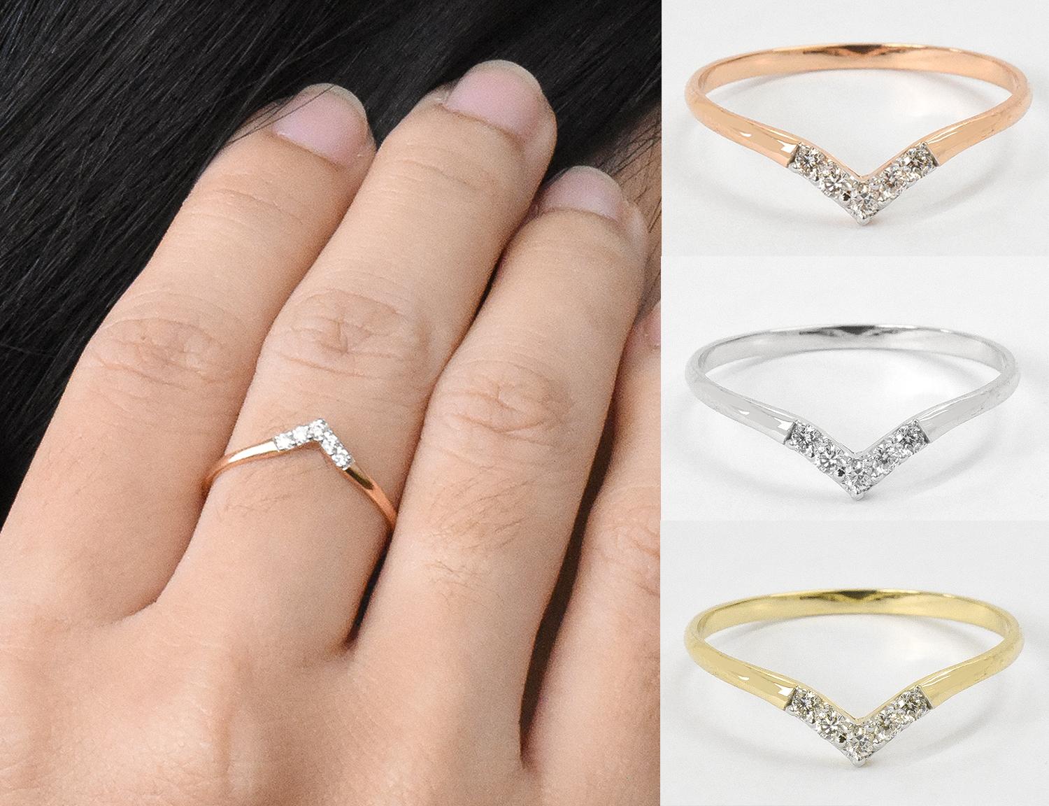 En venta: Anillo de diamantes en forma de V de oro de 14 quilates Anillo de diamantes Chevron Delicado Anillo de Novia  7