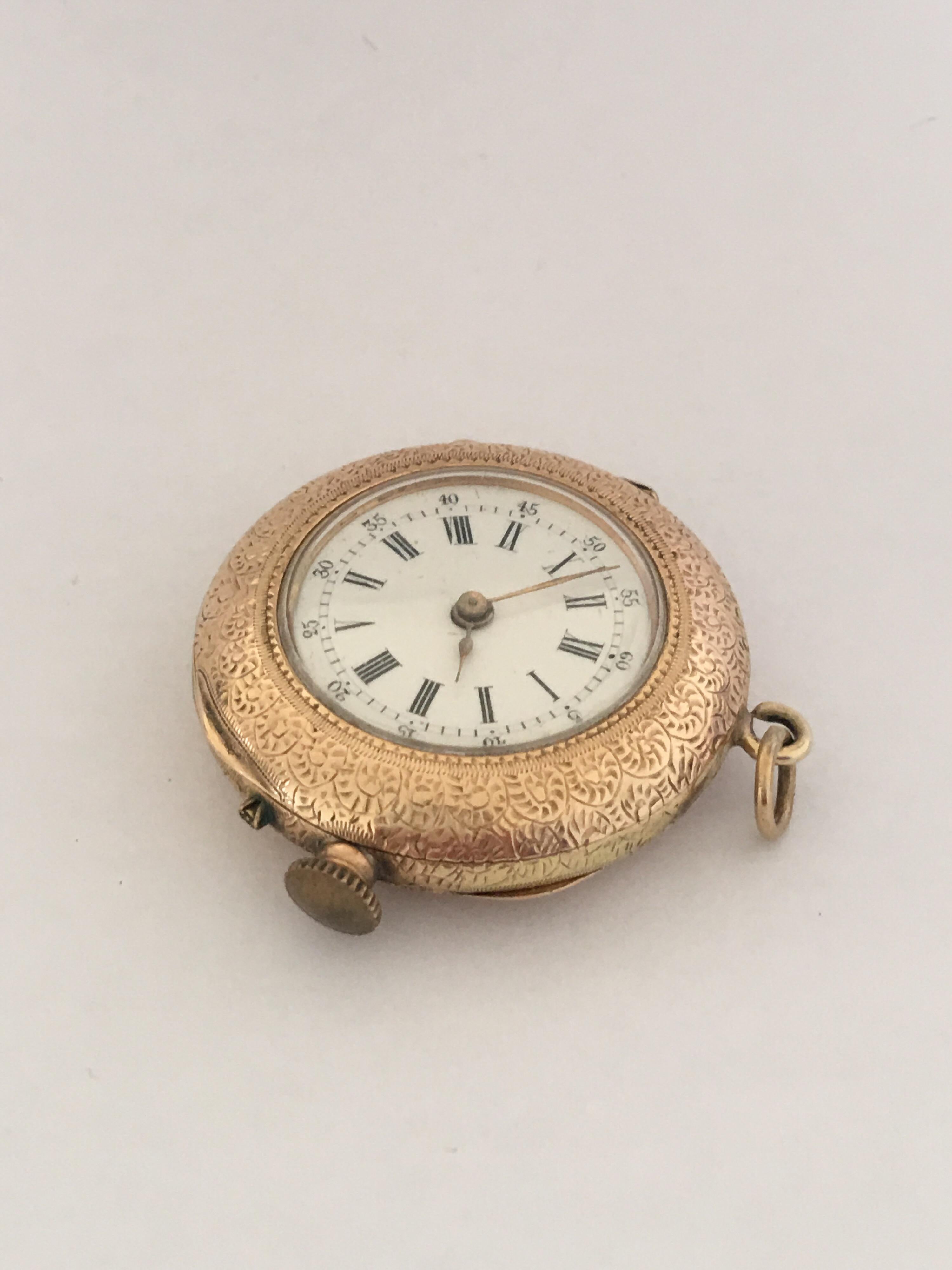 This beautiful gold pendant watch is in good working condition and it is running well. Some signs of ageing and wear. This watch weighed 24.1 grams 