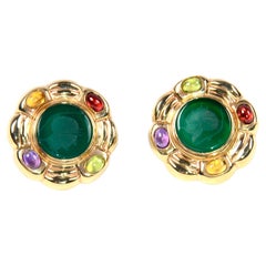 14k Gold Venetian Green Intaglio Roman Soldier Pierced Earrings w Gemstones