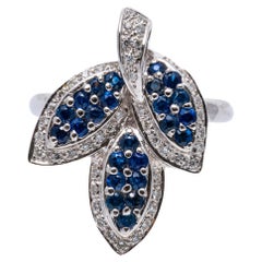 14k Gold Versatile Blauer Saphir und Diamant Blatt Ring/Anhänger