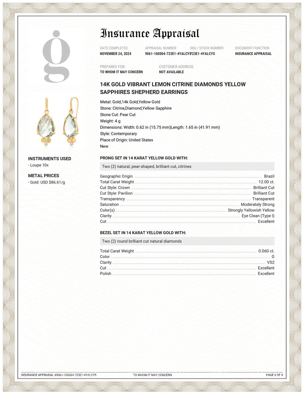 Contemporaneo Orecchini da pastore in oro 14K con diamanti citrino limone vibrante e zaffiri gialli in vendita