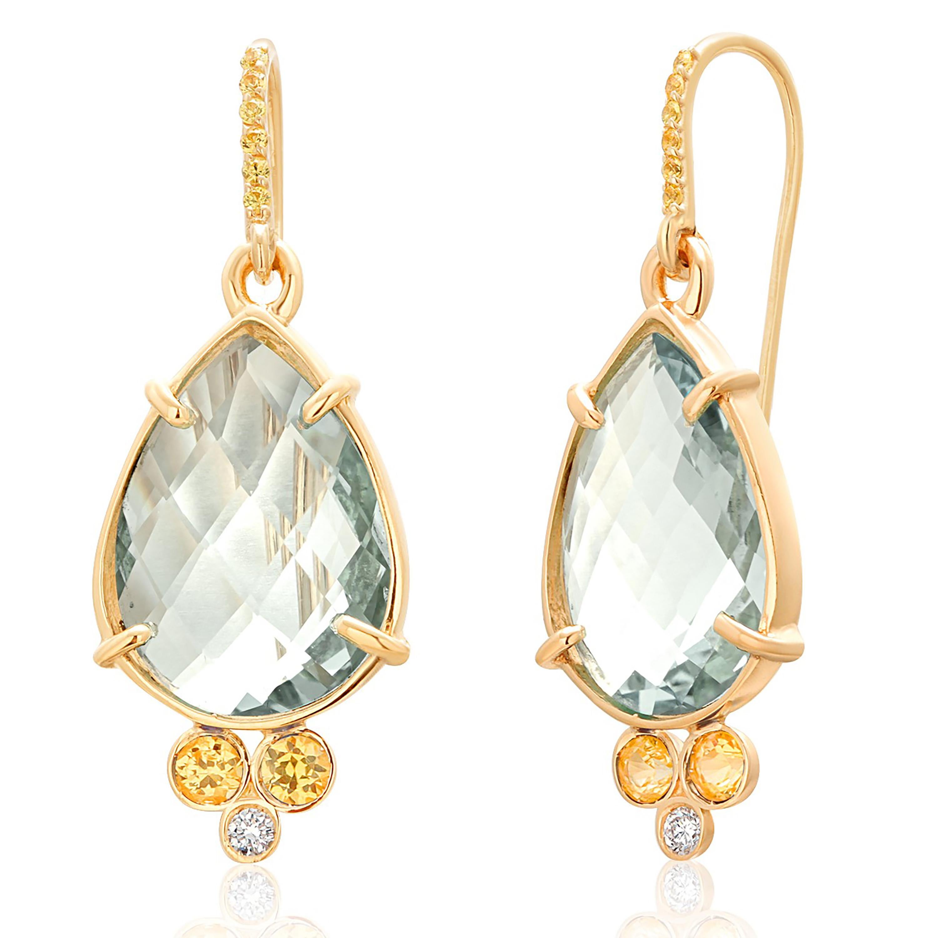 Orecchini da pastore in oro 14K con diamanti citrino limone vibrante e zaffiri gialli In condizioni Nuovo in vendita a New York, NY