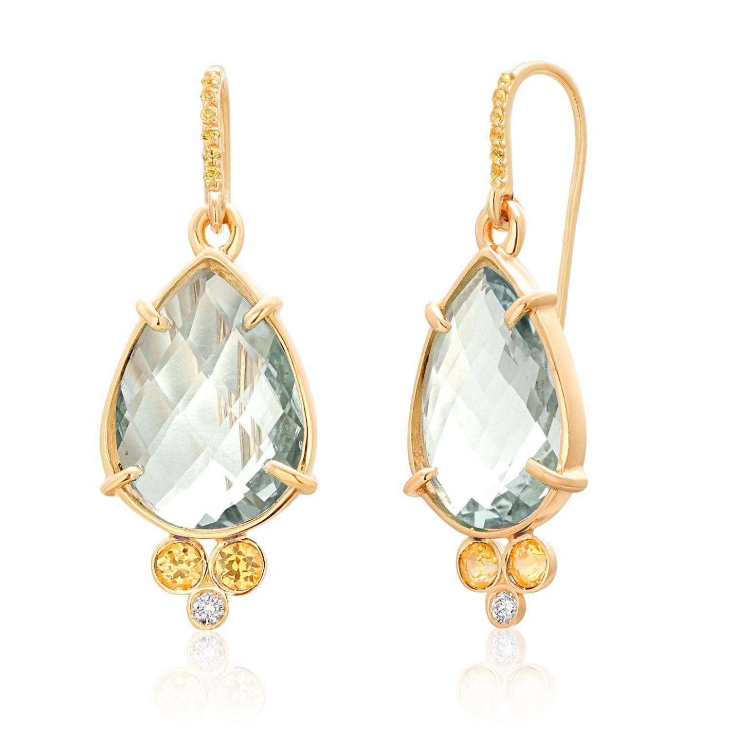 Donna Orecchini da pastore in oro 14K con diamanti citrino limone vibrante e zaffiri gialli in vendita