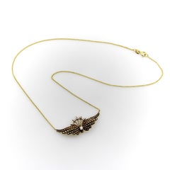14k Gold Victorian Angel Wing Necklace with Diamond and Seed Pearls