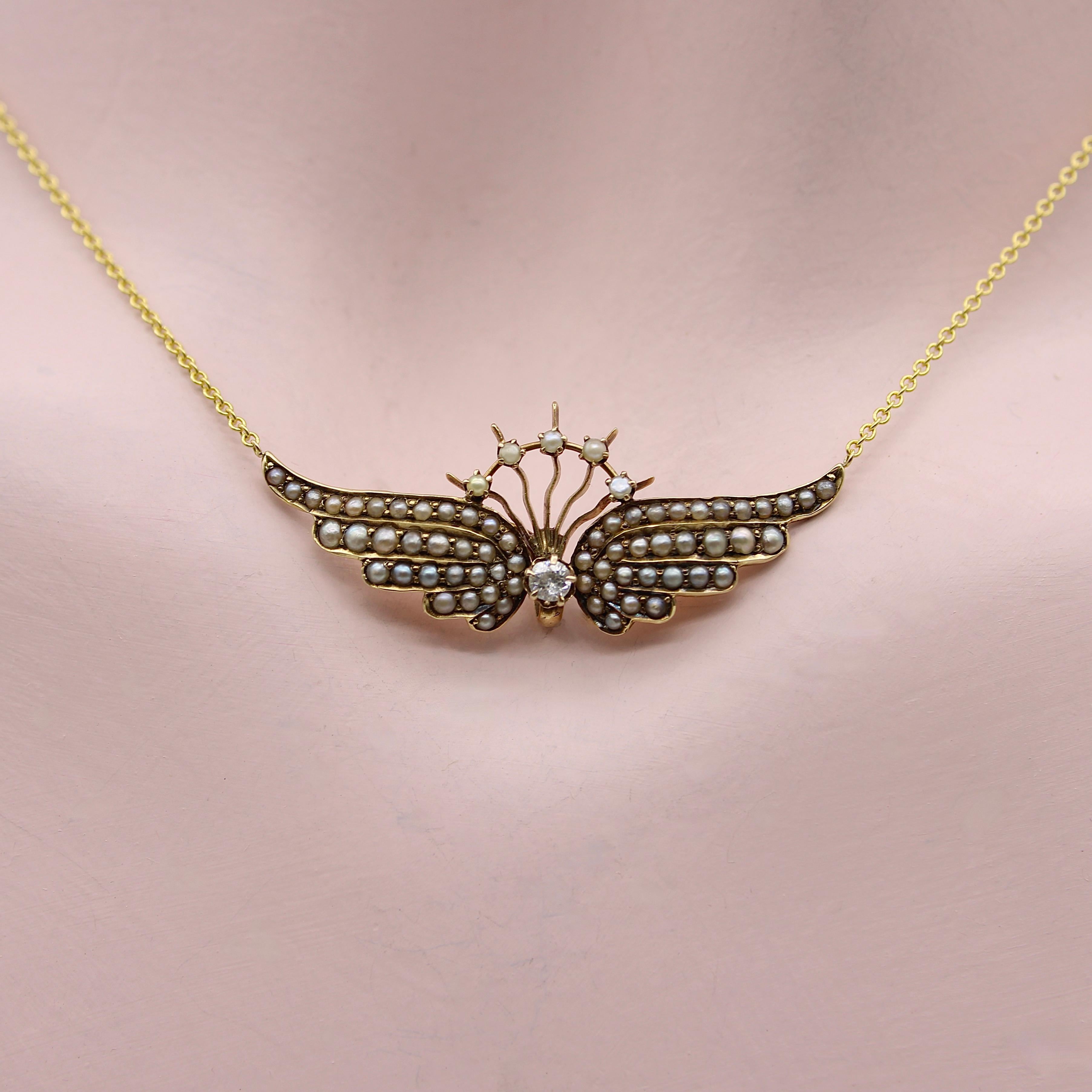 Old Mine Cut 14k Gold Victorian Angel Wing Necklace with Diamond and Seed Pearls For Sale